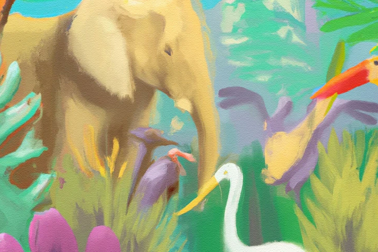 AI-Generated image of a jungle with a variety of animals in an expressionist painting style.