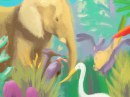 AI-Generated image of a jungle with a variety of animals in an expressionist painting style.