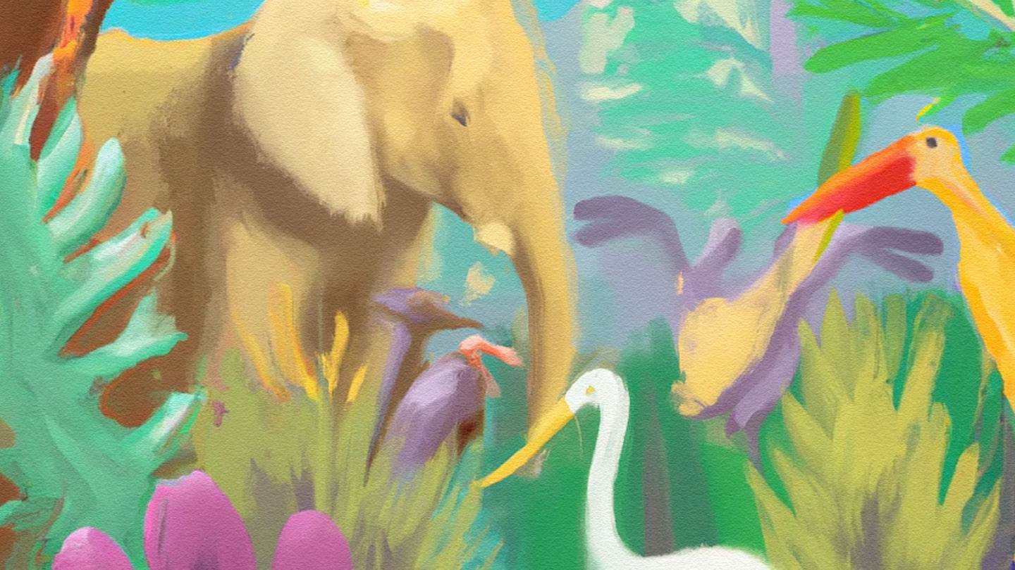 AI-Generated image of a jungle with a variety of animals in an expressionist painting style.